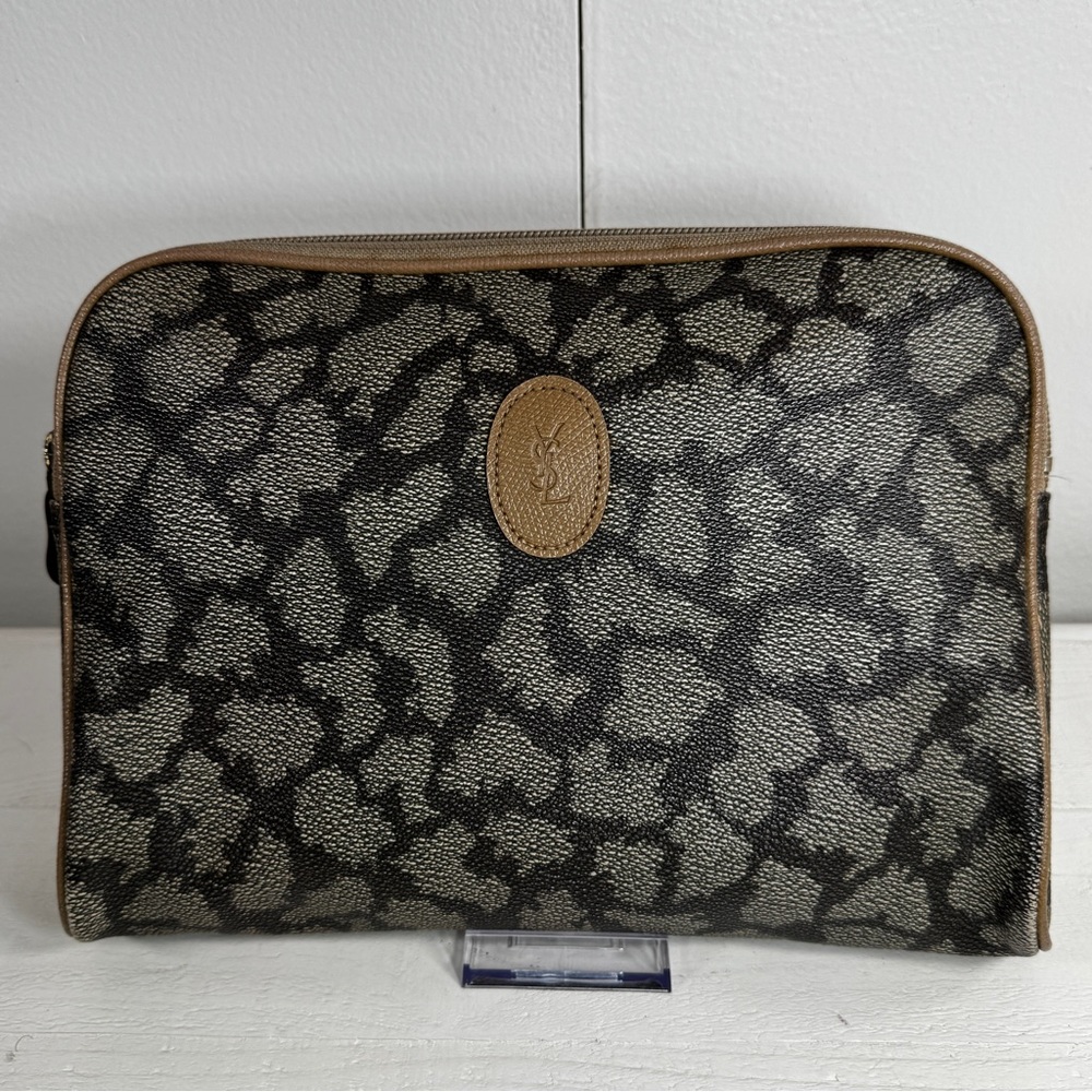 YSL Vintage Monogram Cosmetic Pouch Clutch – Black/Beige Print